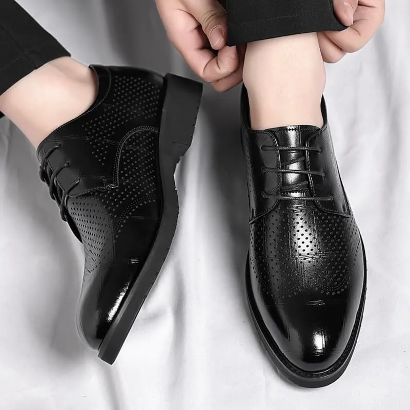 Formal Dress Shoes for Men Lace Up Pointed Burnished Toe Breathable PU Leather Derby Shoes Block Heel Low Top Anti-Slip Non Slip Prom