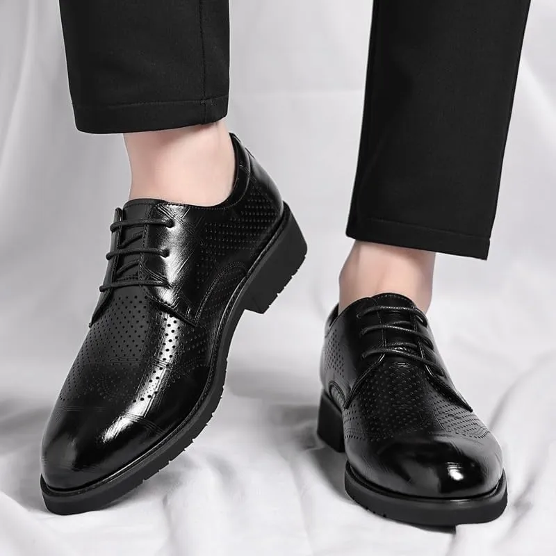 Formal Dress Shoes for Men Lace Up Pointed Burnished Toe Breathable PU Leather Derby Shoes Block Heel Low Top Anti-Slip Non Slip Prom