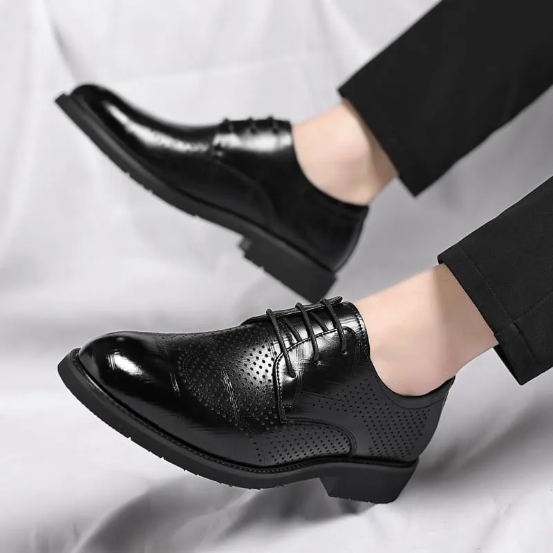 Formal Dress Shoes for Men Lace Up Pointed Burnished Toe Breathable PU Leather Derby Shoes Block Heel Low Top Anti-Slip Non Slip Prom