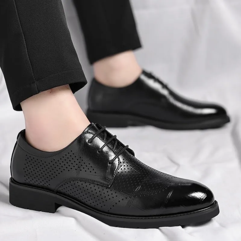 Formal Dress Shoes for Men Lace Up Pointed Burnished Toe Breathable PU Leather Derby Shoes Block Heel Low Top Anti-Slip Non Slip Prom