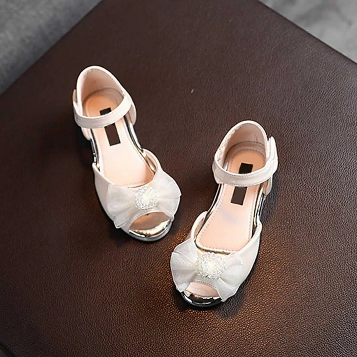 Girls Lace Bow Dress Shoes Flower Girl Ankle Strap Sandals Glitter Low Heels Closed Toe Toddler Kids Wedding Party