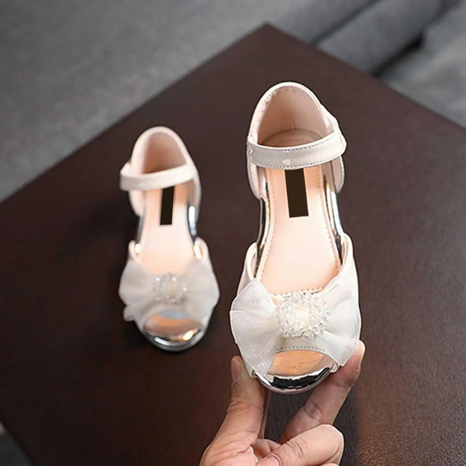 Girls Lace Bow Dress Shoes Flower Girl Ankle Strap Sandals Glitter Low Heels Closed Toe Toddler Kids Wedding Party