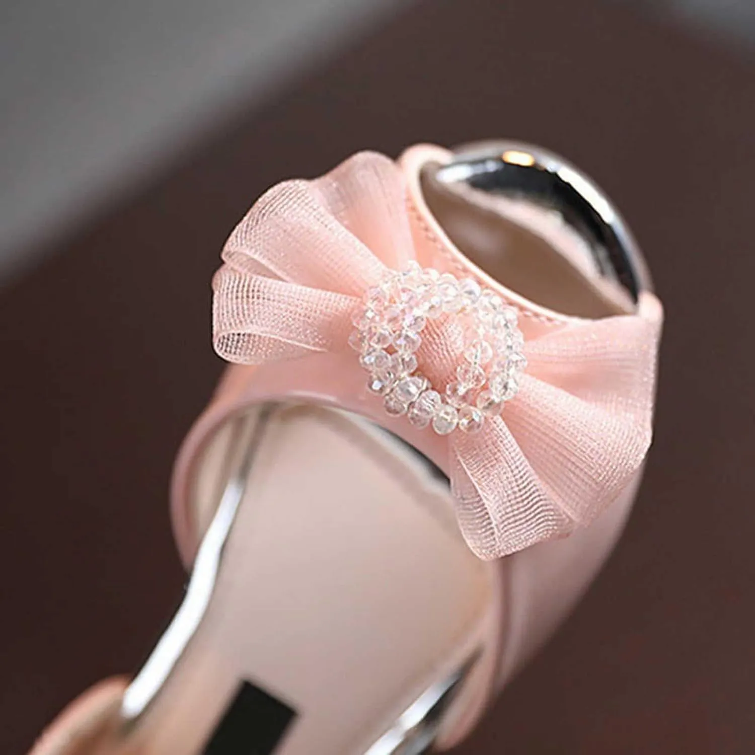 Girls Lace Bow Dress Shoes Flower Girl Ankle Strap Sandals Glitter Low Heels Closed Toe Toddler Kids Wedding Party