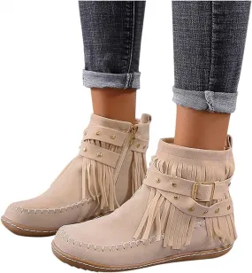 Hbeylia Boho Boots For Women Vintage Casual Tassel Fringe Suede Wide Round Toe Ankle Booties With Side Zipper Fashion Bohemian Slip On Flats Anti Skid Winter Mid Calf Short Dress Boots For Lady Girl