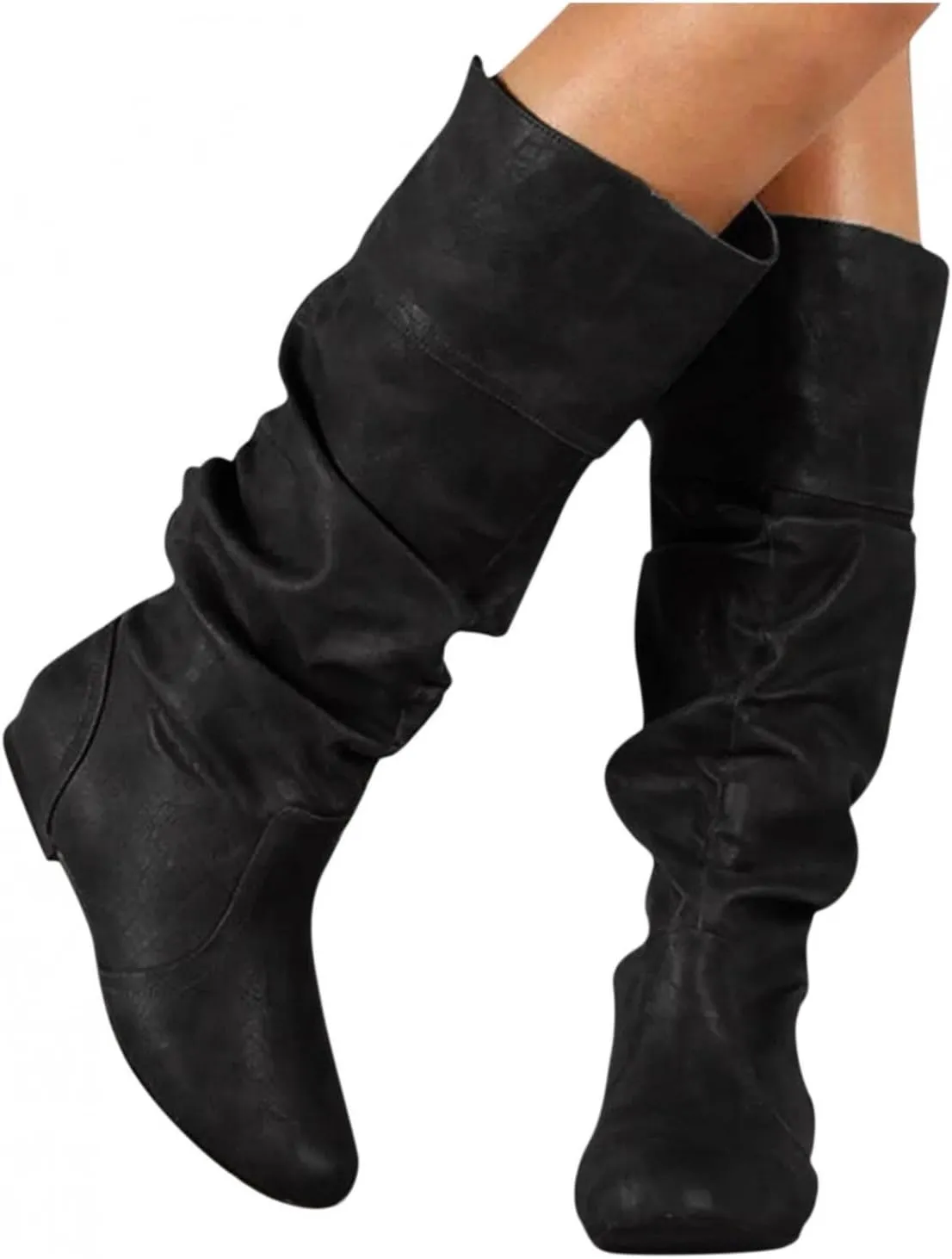 Hbeylia Boots For Women Ladies Fashion Slouchy Ruched Leather Round Toe Slip On Flats Mid Calf Boots Vintage Stacked No Heels Pullon Knee High Boots Winter Fall Dress Long Tall Boots For Christmas