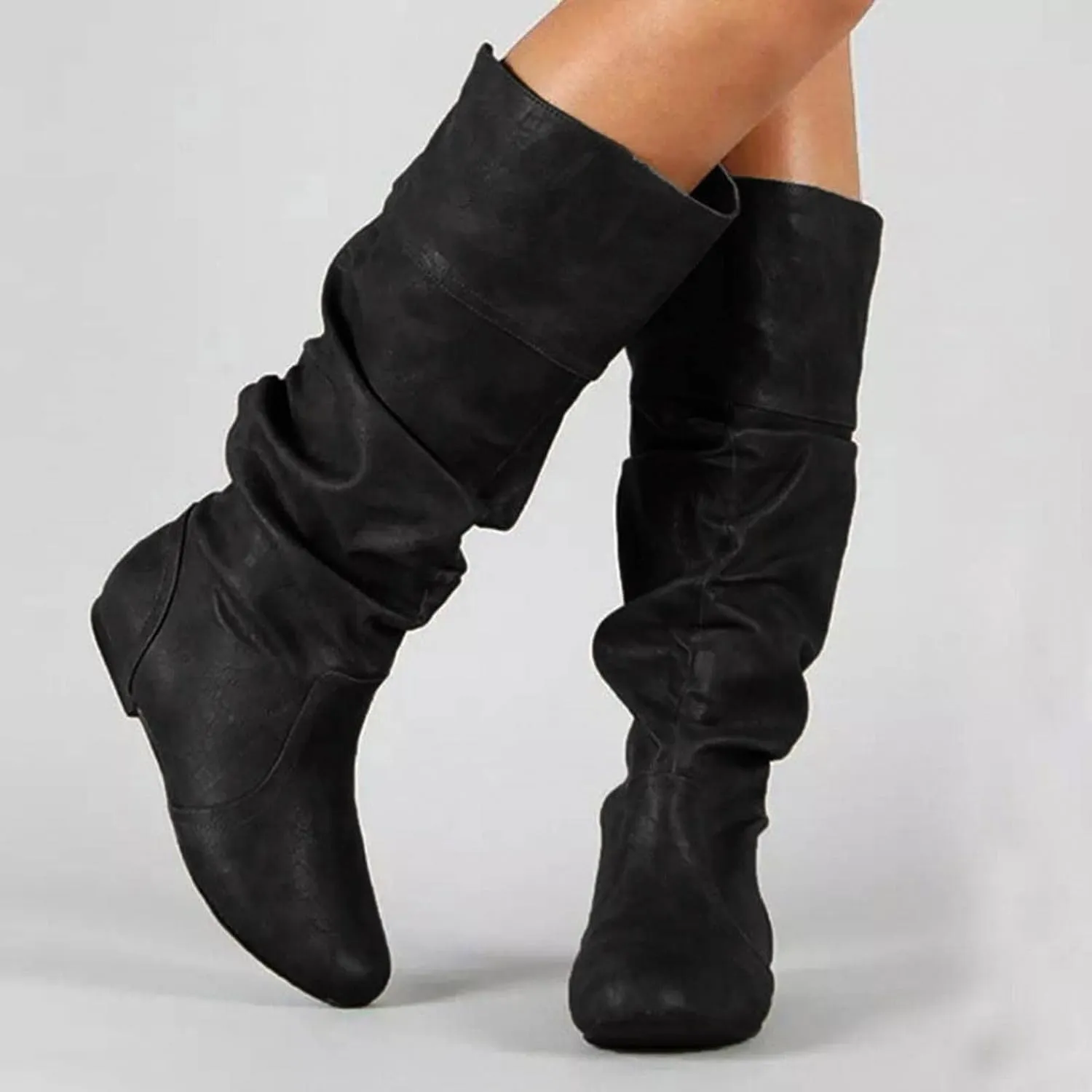 Hbeylia Boots For Women Ladies Fashion Slouchy Ruched Leather Round Toe Slip On Flats Mid Calf Boots Vintage Stacked No Heels Pullon Knee High Boots Winter Fall Dress Long Tall Boots For Christmas