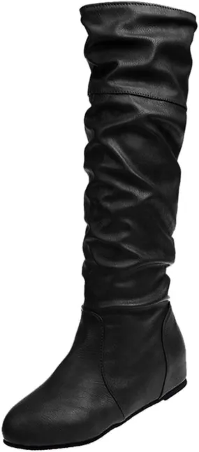 Hbeylia Boots For Women Ladies Fashion Slouchy Ruched Leather Round Toe Slip On Flats Mid Calf Boots Vintage Stacked No Heels Pullon Knee High Boots Winter Fall Dress Long Tall Boots For Christmas