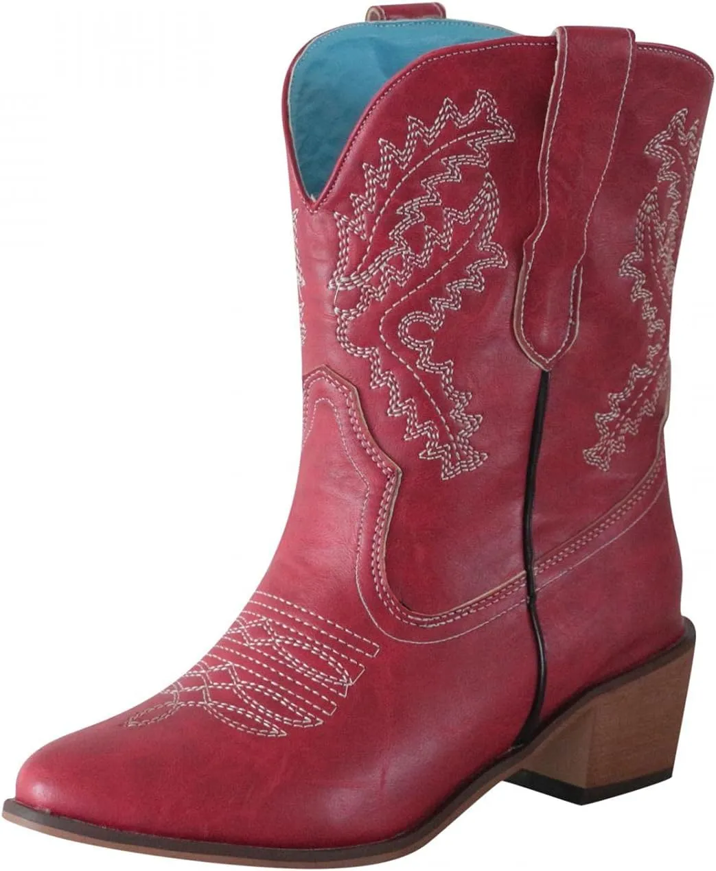 Hbeylia Cowboy Boots For Women Ladies Vintage Ethnic Embroidered Western Cowgirls Boots Retro Curve Pointed Toe Leather Chunky Block Mid Heels Wide Mid Calf Short Boots Knight Riding Ankle Booties