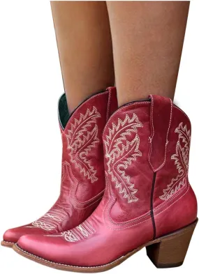 Hbeylia Cowboy Boots For Women Ladies Vintage Ethnic Embroidered Western Cowgirls Boots Retro Curve Pointed Toe Leather Chunky Block Mid Heels Wide Mid Calf Short Boots Knight Riding Ankle Booties