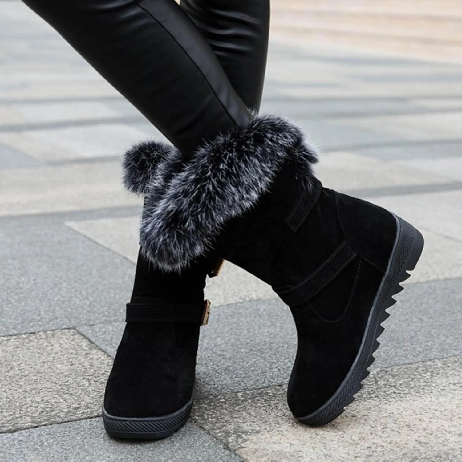 Hbeylia Dress Winter Snow Boots For Women Ladies Fashion Plush Fur Lined Warm Suede Round Toe Wedge Platform Slip On Mid Calf Boots Cozy Fleece Lining Chunky Bottom Mid Heels Short Boots For Christmas