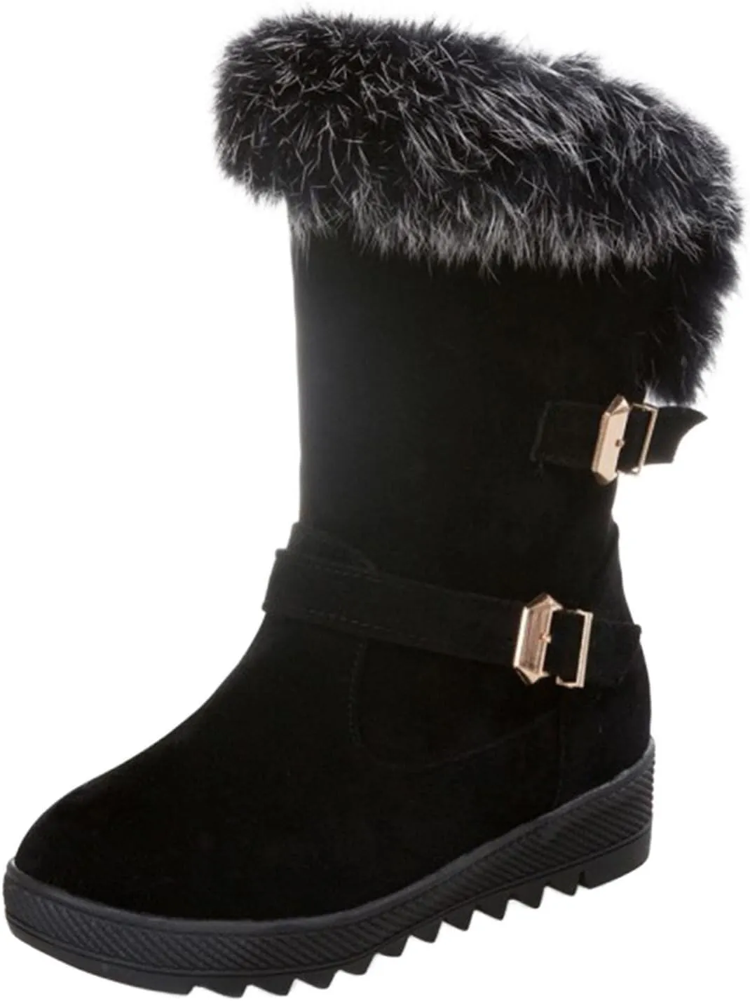 Hbeylia Dress Winter Snow Boots For Women Ladies Fashion Plush Fur Lined Warm Suede Round Toe Wedge Platform Slip On Mid Calf Boots Cozy Fleece Lining Chunky Bottom Mid Heels Short Boots For Christmas