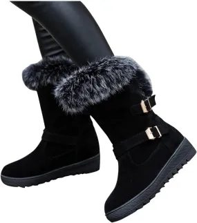 Hbeylia Dress Winter Snow Boots For Women Ladies Fashion Plush Fur Lined Warm Suede Round Toe Wedge Platform Slip On Mid Calf Boots Cozy Fleece Lining Chunky Bottom Mid Heels Short Boots For Christmas