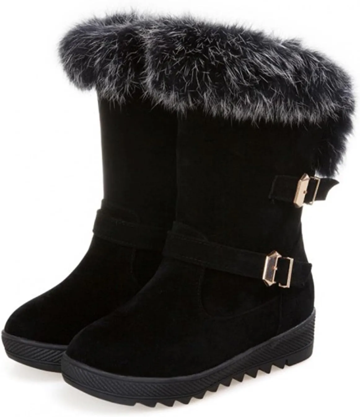Hbeylia Dress Winter Snow Boots For Women Ladies Fashion Plush Fur Lined Warm Suede Round Toe Wedge Platform Slip On Mid Calf Boots Cozy Fleece Lining Chunky Bottom Mid Heels Short Boots For Christmas