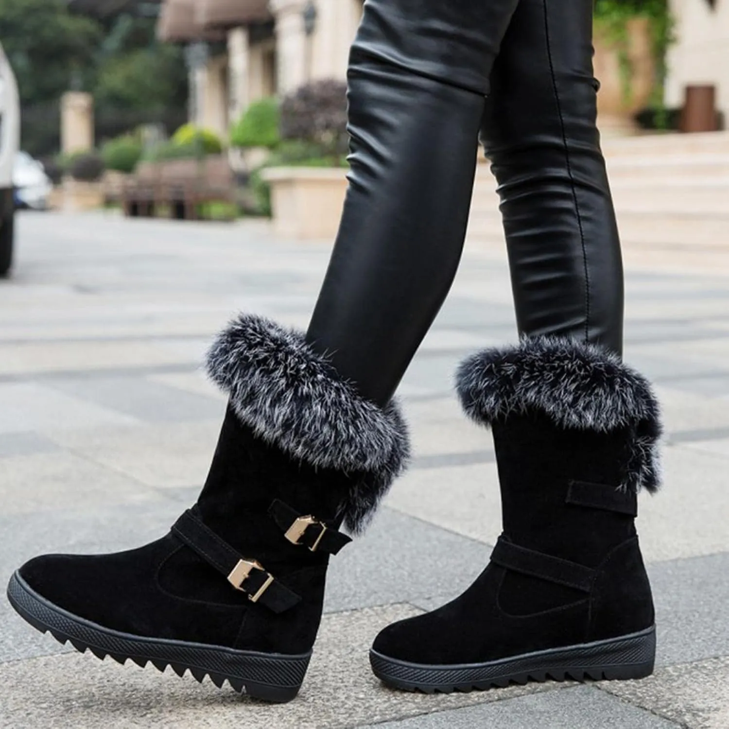 Hbeylia Dress Winter Snow Boots For Women Ladies Fashion Plush Fur Lined Warm Suede Round Toe Wedge Platform Slip On Mid Calf Boots Cozy Fleece Lining Chunky Bottom Mid Heels Short Boots For Christmas