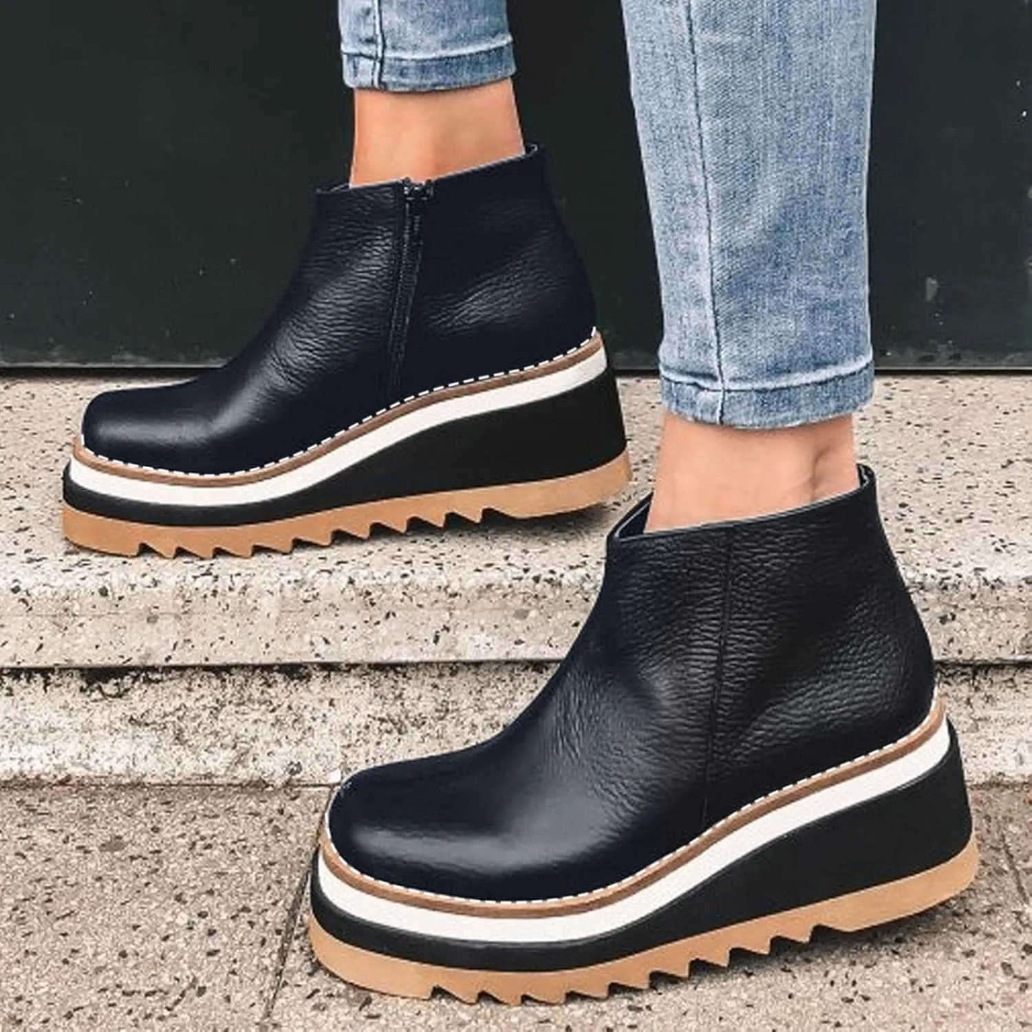 Hbeylia Platform Wedge Boots For Women Fashion Casual Leather Round Toe Chunky Bottom High Heels Ankle Booties With Side Zipper Non Skid Thick Soles Slip On Short Boots For Ladies Work Walking