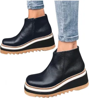 Hbeylia Platform Wedge Boots For Women Fashion Casual Leather Round Toe Chunky Bottom High Heels Ankle Booties With Side Zipper Non Skid Thick Soles Slip On Short Boots For Ladies Work Walking