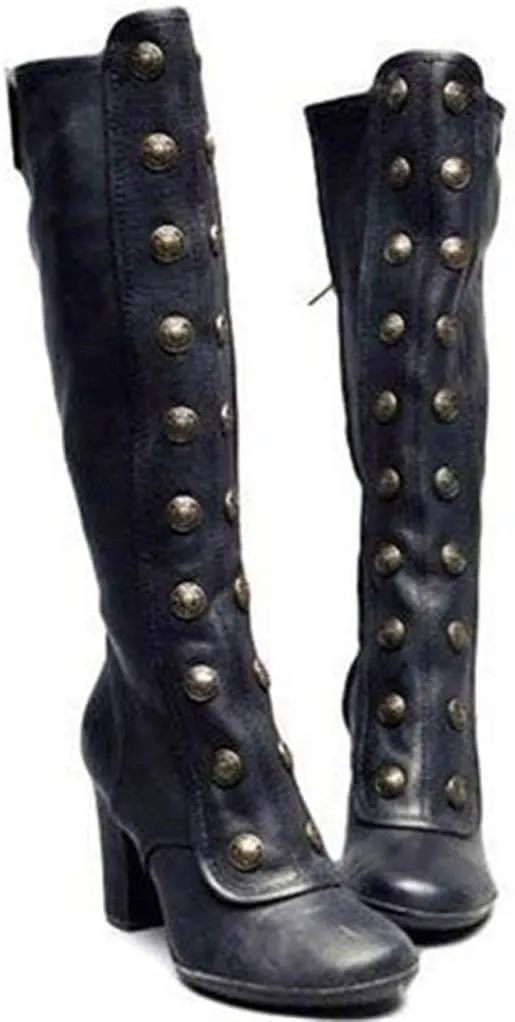 Hbeylia Rivet Goth Knee High Boots For Women Fashion Punk Gothic Studded Chunky High Heels Dressy Pump Tall Boots Winter Lolita Dress Boots For Ladies Bride Wedding Halloween Christmas Party
