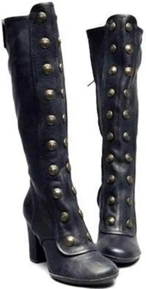 Hbeylia Rivet Goth Knee High Boots For Women Fashion Punk Gothic Studded Chunky High Heels Dressy Pump Tall Boots Winter Lolita Dress Boots For Ladies Bride Wedding Halloween Christmas Party