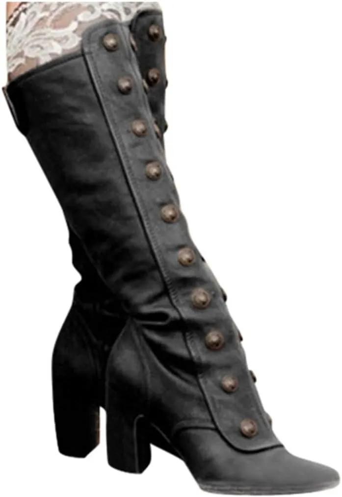 Hbeylia Rivet Goth Knee High Boots For Women Fashion Punk Gothic Studded Chunky High Heels Dressy Pump Tall Boots Winter Lolita Dress Boots For Ladies Bride Wedding Halloween Christmas Party