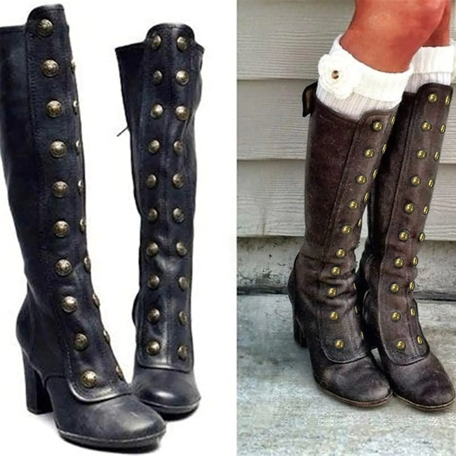 Hbeylia Rivet Goth Knee High Boots For Women Fashion Punk Gothic Studded Chunky High Heels Dressy Pump Tall Boots Winter Lolita Dress Boots For Ladies Bride Wedding Halloween Christmas Party