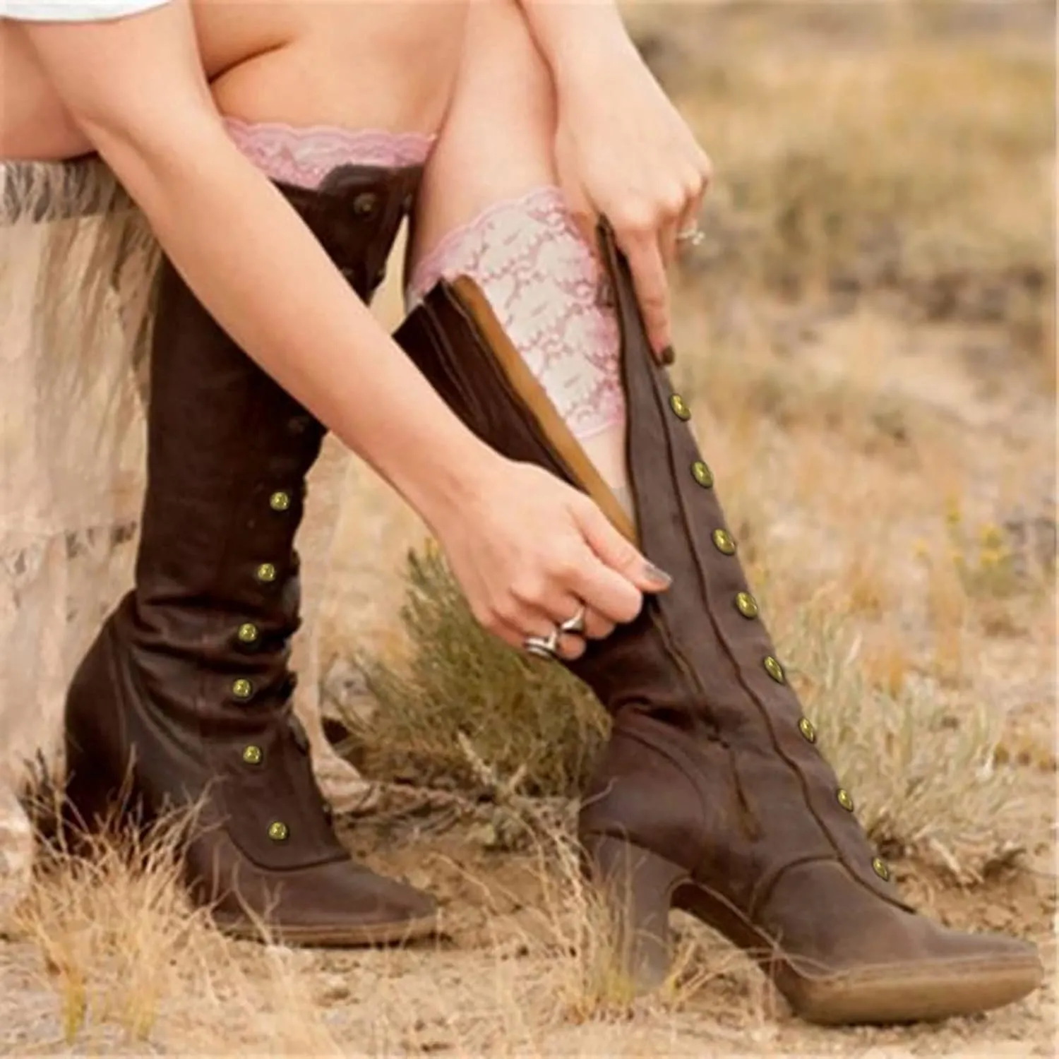 Hbeylia Rivet Goth Knee High Boots For Women Fashion Punk Gothic Studded Chunky High Heels Dressy Pump Tall Boots Winter Lolita Dress Boots For Ladies Bride Wedding Halloween Christmas Party