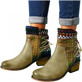 Hbeylia Vintage Boots For Women Ethnic Boho Leather Round Toe Lace Up Chunky Block Mid Heels Ankle Booties Bohemian Retro Steel Toe Dress Mid Calf Short Boots With Side Zipper For Ladies