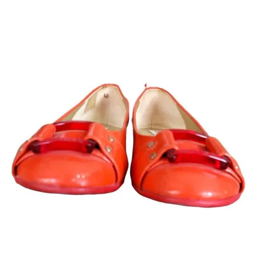 JIMMY CHOO Morse Orange Patent Leather Square Buckle Ballet Flats, Size 37.5