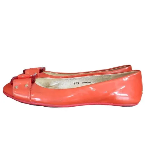 JIMMY CHOO Morse Orange Patent Leather Square Buckle Ballet Flats, Size 37.5