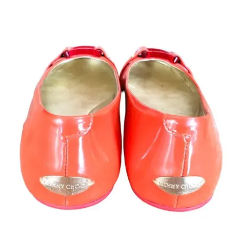 JIMMY CHOO Morse Orange Patent Leather Square Buckle Ballet Flats, Size 37.5