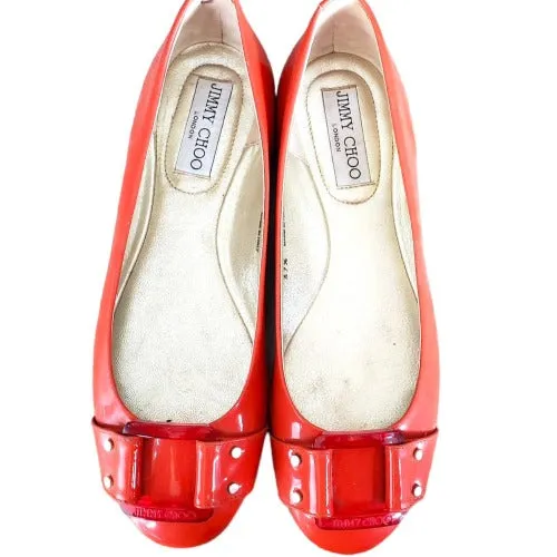 JIMMY CHOO Morse Orange Patent Leather Square Buckle Ballet Flats, Size 37.5