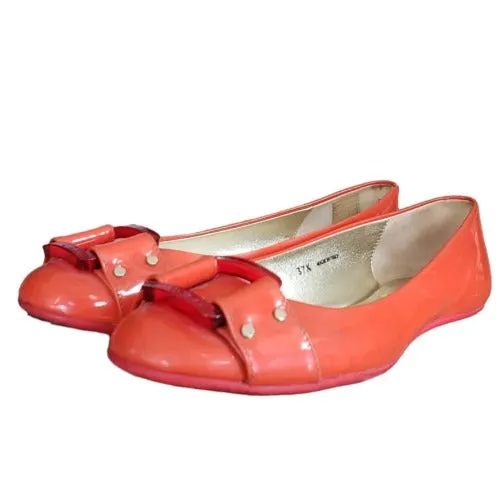 JIMMY CHOO Morse Orange Patent Leather Square Buckle Ballet Flats, Size 37.5