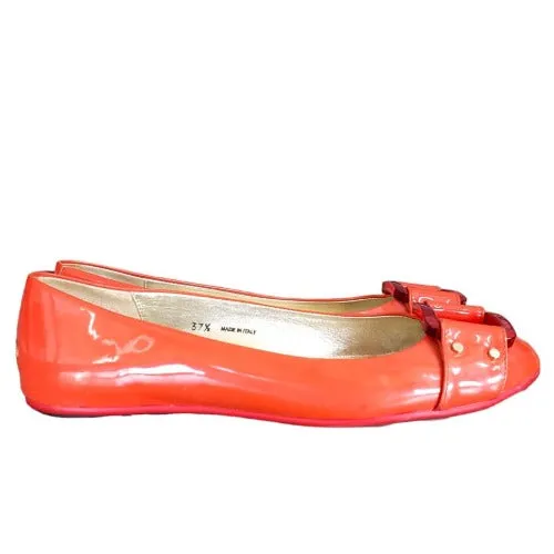 JIMMY CHOO Morse Orange Patent Leather Square Buckle Ballet Flats, Size 37.5