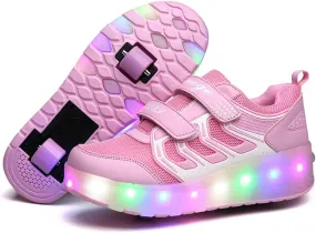 Kids Shoes with Wheels & LED Flashing Sneakers for Gifts Rechargeable Roller Skate Shoes Retractable for Birthday Gift Size 4 Big Kid B-Pink