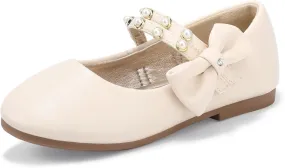 PANDANINJIA Toddler Girls Dress Shoes Pearls Bow Ballet Flats Flower Girl Shoes for Wedding Party School Communion Shoes