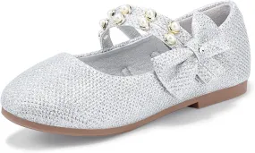 PANDANINJIA Toddler Girls Dress Shoes Pearls Bow Ballet Flats Flower Girl Shoes for Wedding Party School Communion Shoes