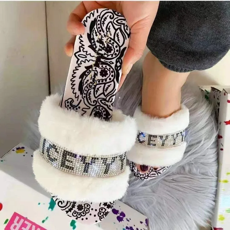 Rhinestone Bandana Print Faux Fur Slippers F1945