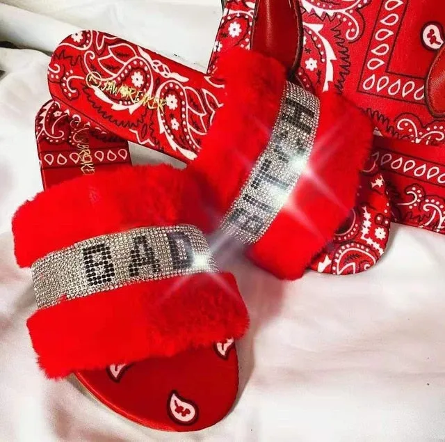 Rhinestone Bandana Print Faux Fur Slippers F1945