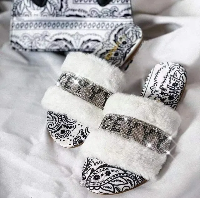 Rhinestone Bandana Print Faux Fur Slippers F1945