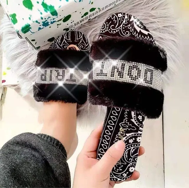 Rhinestone Bandana Print Faux Fur Slippers F1945