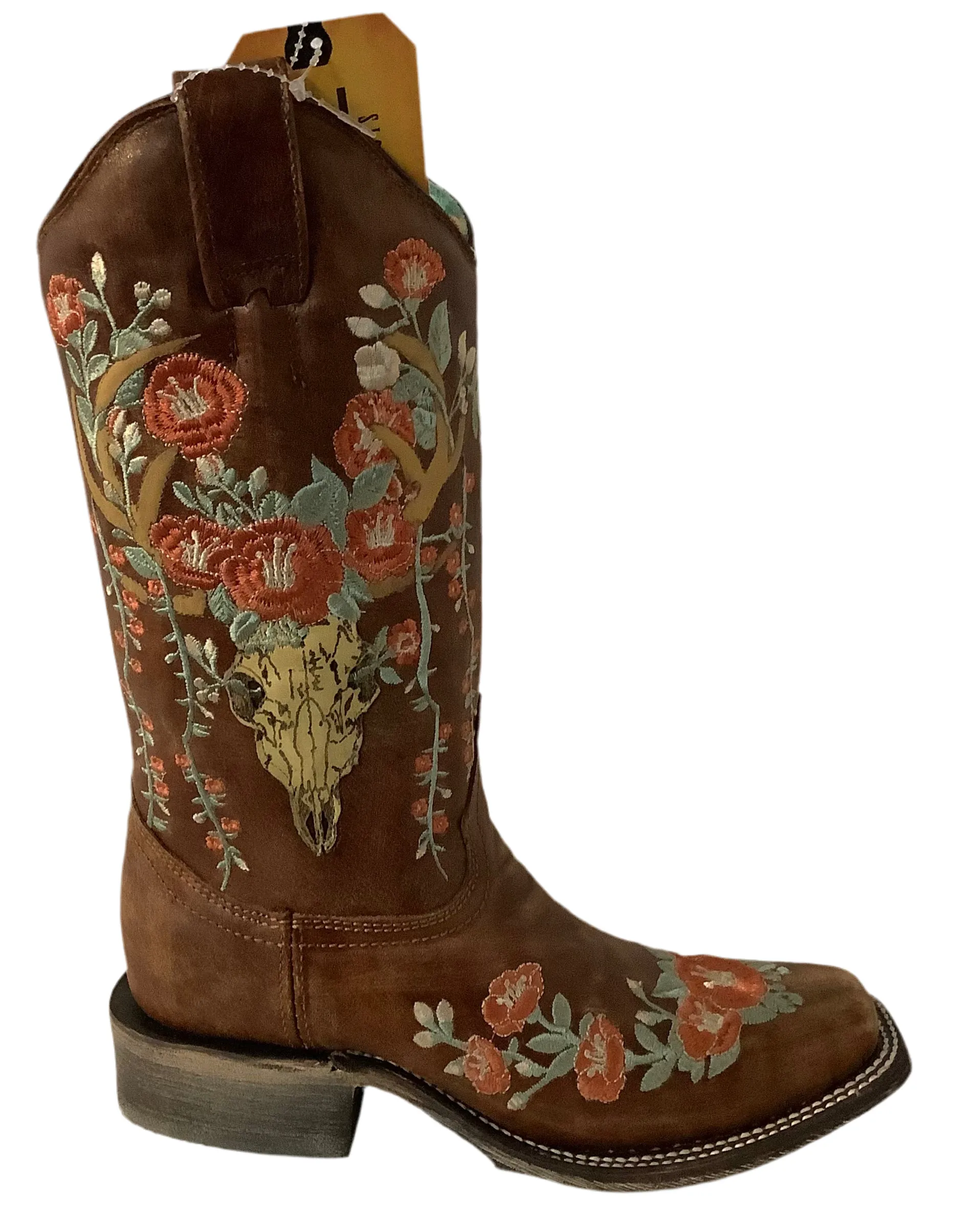 Tan Deer Skull Inlay cowboy boots