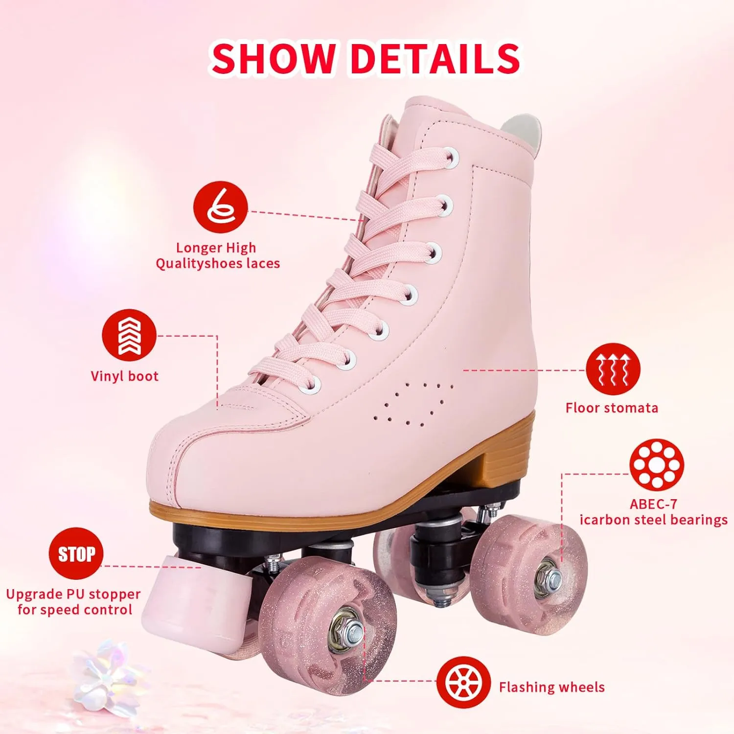 Women's High-Top PU Leather Roller Skates - Four-Wheel Shiny Skates With Carry Bag for Girls