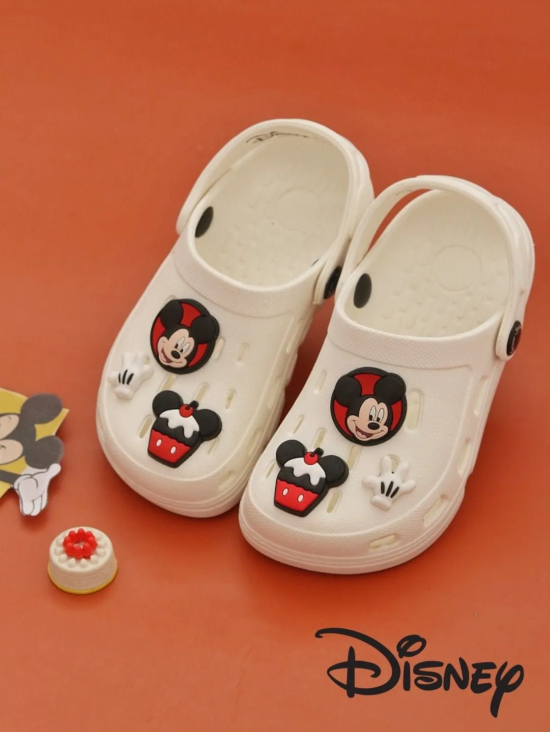 Yellow Bee Boys’ Disney Mickey Mouse Clogs with Gloves & Cupcake Charms – White
