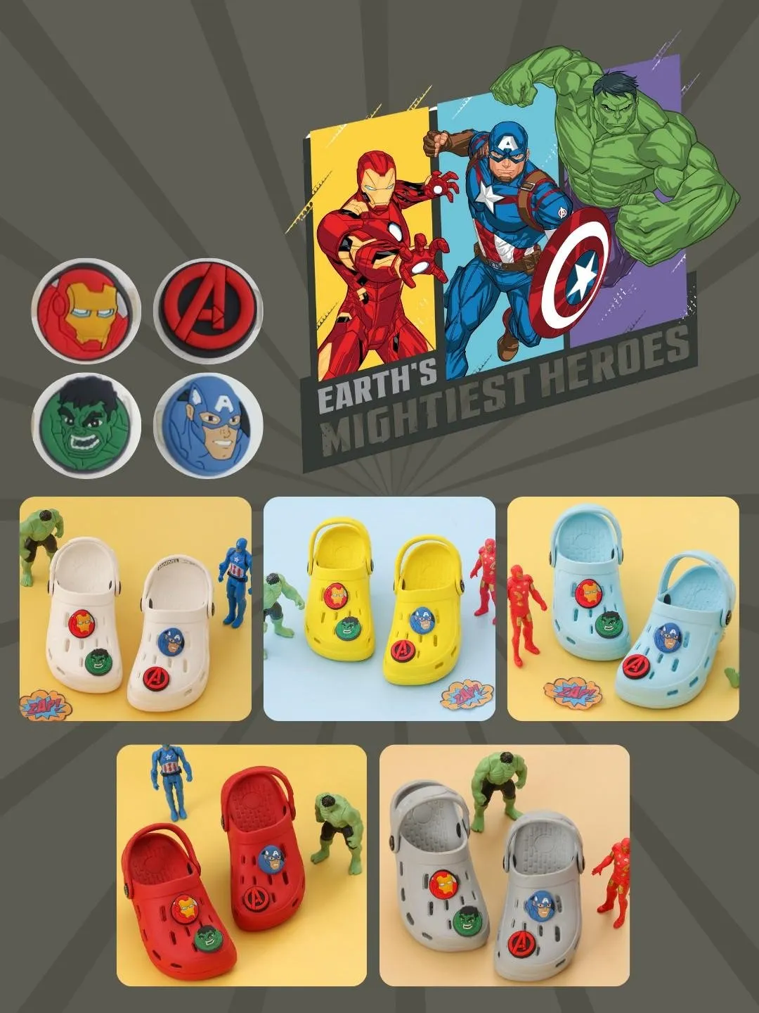 Yellow Bee Boys’ Marvel Avengers Clogs with Iron Man, Hulk & Captain America Charms – Light Blue